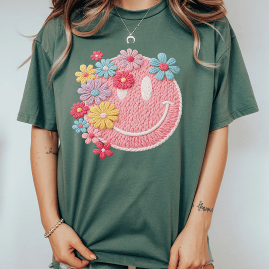Faux Yarn Smiley Face DTF Shirt Transfer | Floral Smiley Heat Press Design | Cute Boutique Spring Graphic