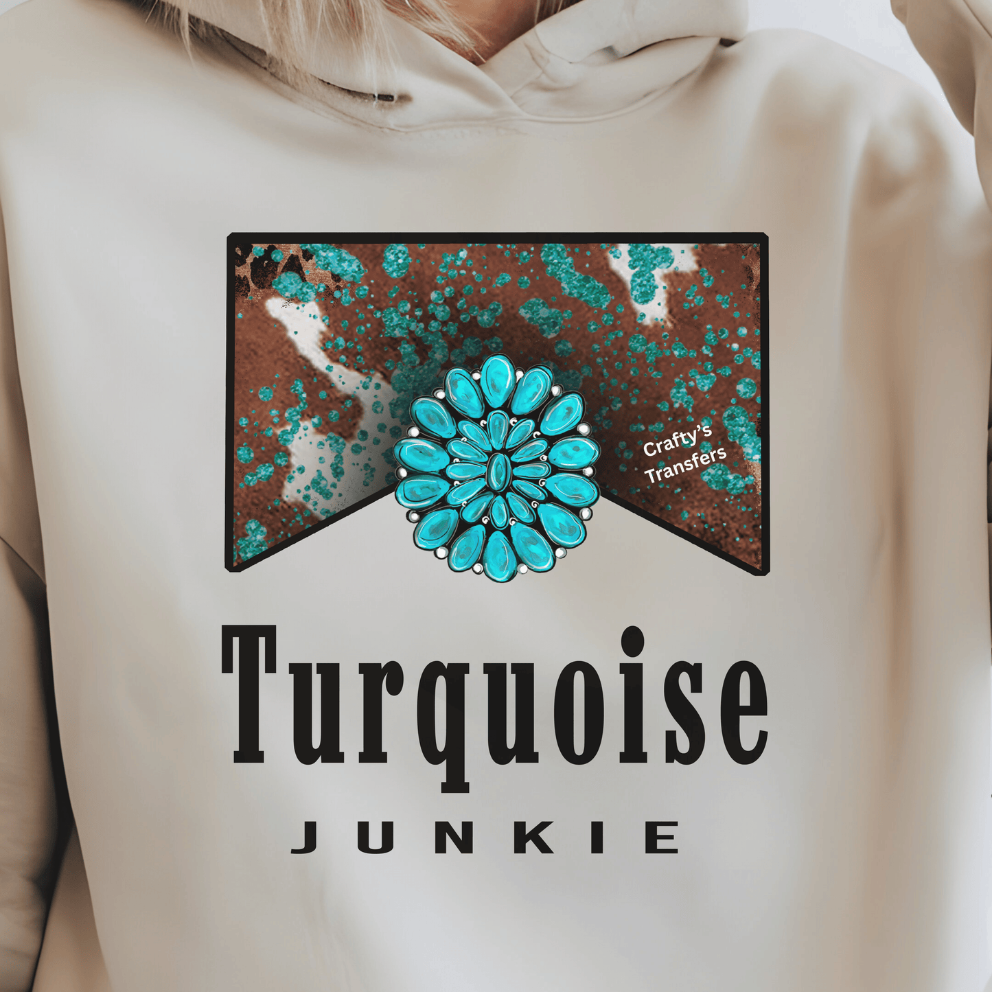 Turquoise Junkie DTF Shirt Transfer | Western Turquoise Concho Cowhide Heat Transfer