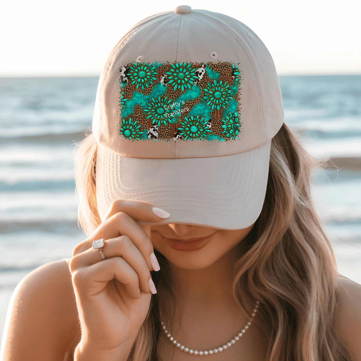 Turquoise Concho Leopard DTF Hat Transfer | Western Cowhide & Wood Print Heat Transfer for Trucker Hats