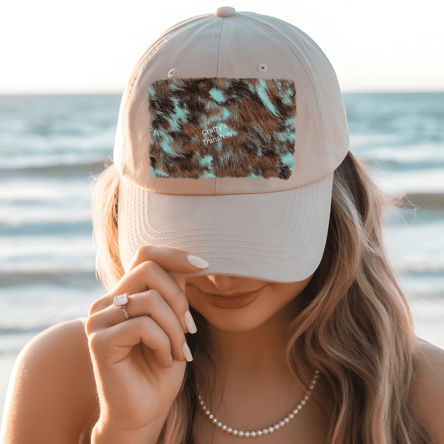 Teal Leopard Cowhide DTF Hat Transfer | Western Animal Print Heat Transfer for Trucker Hats