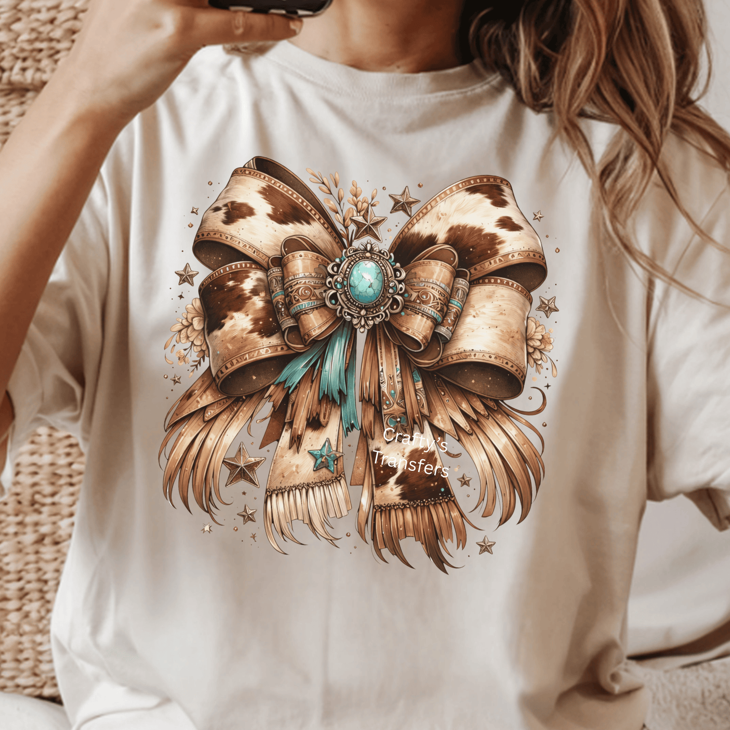 Cowhide Teal Bow DTF Transfer | Western Turquoise Bow Shirt Transfer | Boho Cow Print Heat Transfer
