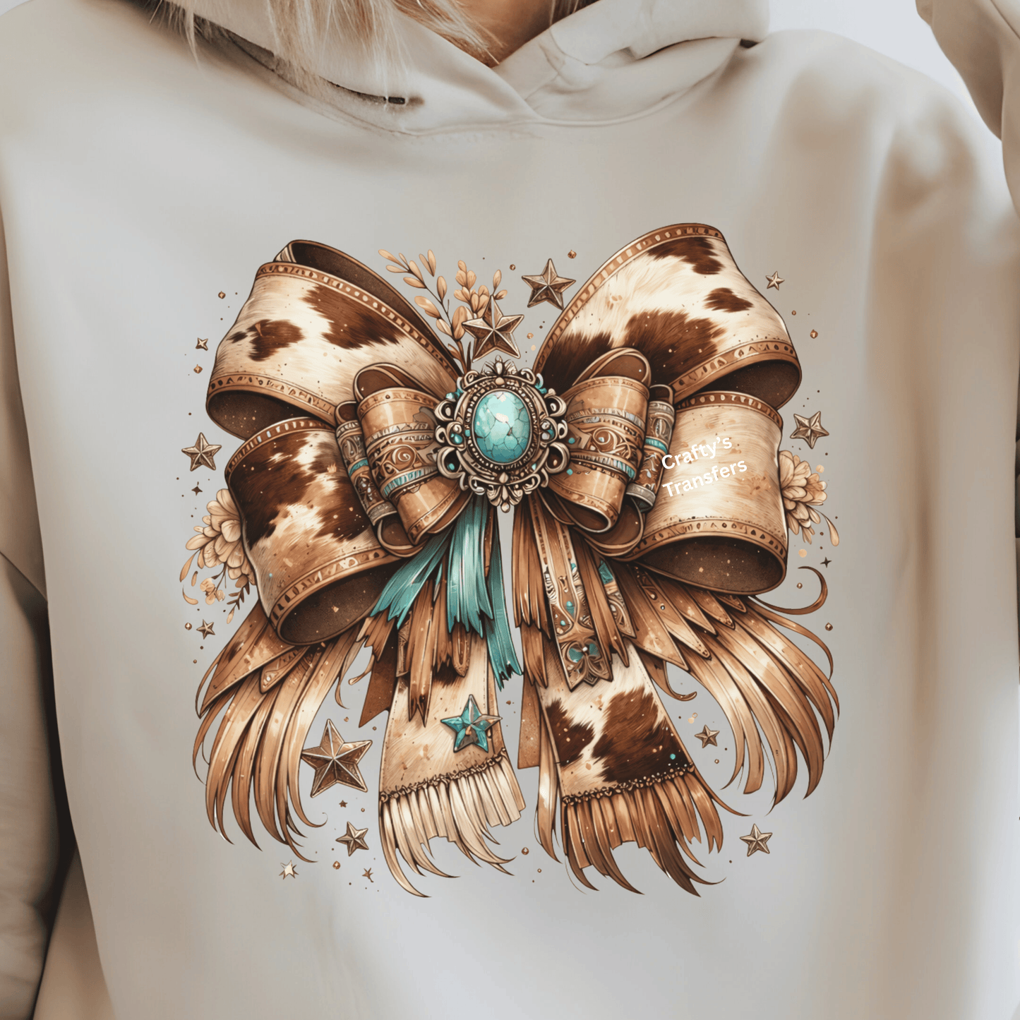 Cowhide Teal Bow DTF Transfer | Western Turquoise Bow Shirt Transfer | Boho Cow Print Heat Transfer
