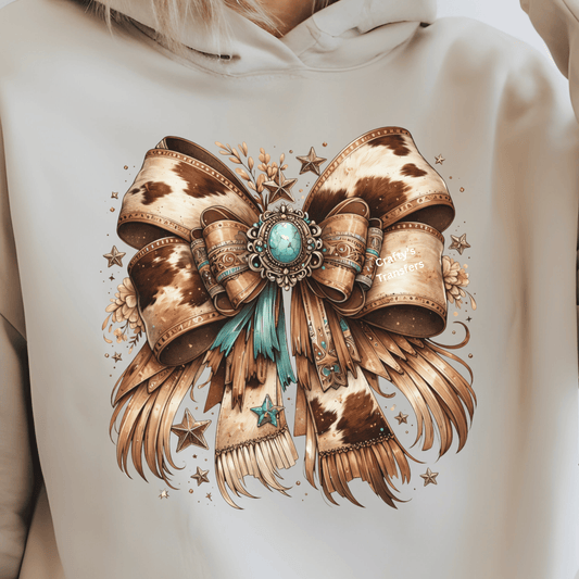 Cowhide Teal Bow DTF Transfer | Western Turquoise Bow Shirt Transfer | Boho Cow Print Heat Transfer