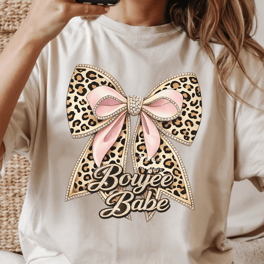Boujee Babe Leopard Bow DTF Shirt Transfer | Glam Pink & Gold Rhinestone Bow Heat Transfer