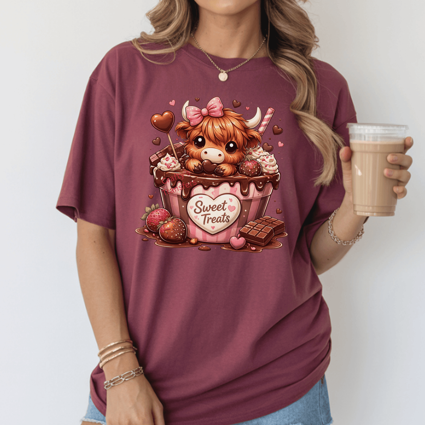 Cute Valentine Cow Sweet Treats DTF Shirt Transfer | Pink Chocolate Dessert Heat Press Design