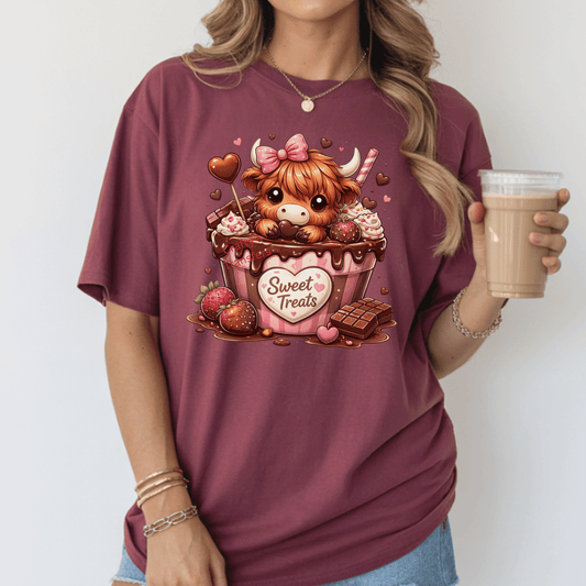 Cute Valentine Cow Sweet Treats DTF Shirt Transfer | Pink Chocolate Dessert Heat Press Design
