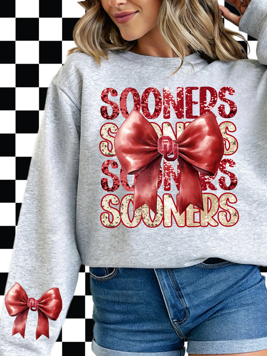 Sooners Stacked Bow DTF Shirt Transfer | Sparkle Football Coquette Game Day Heat Press Design