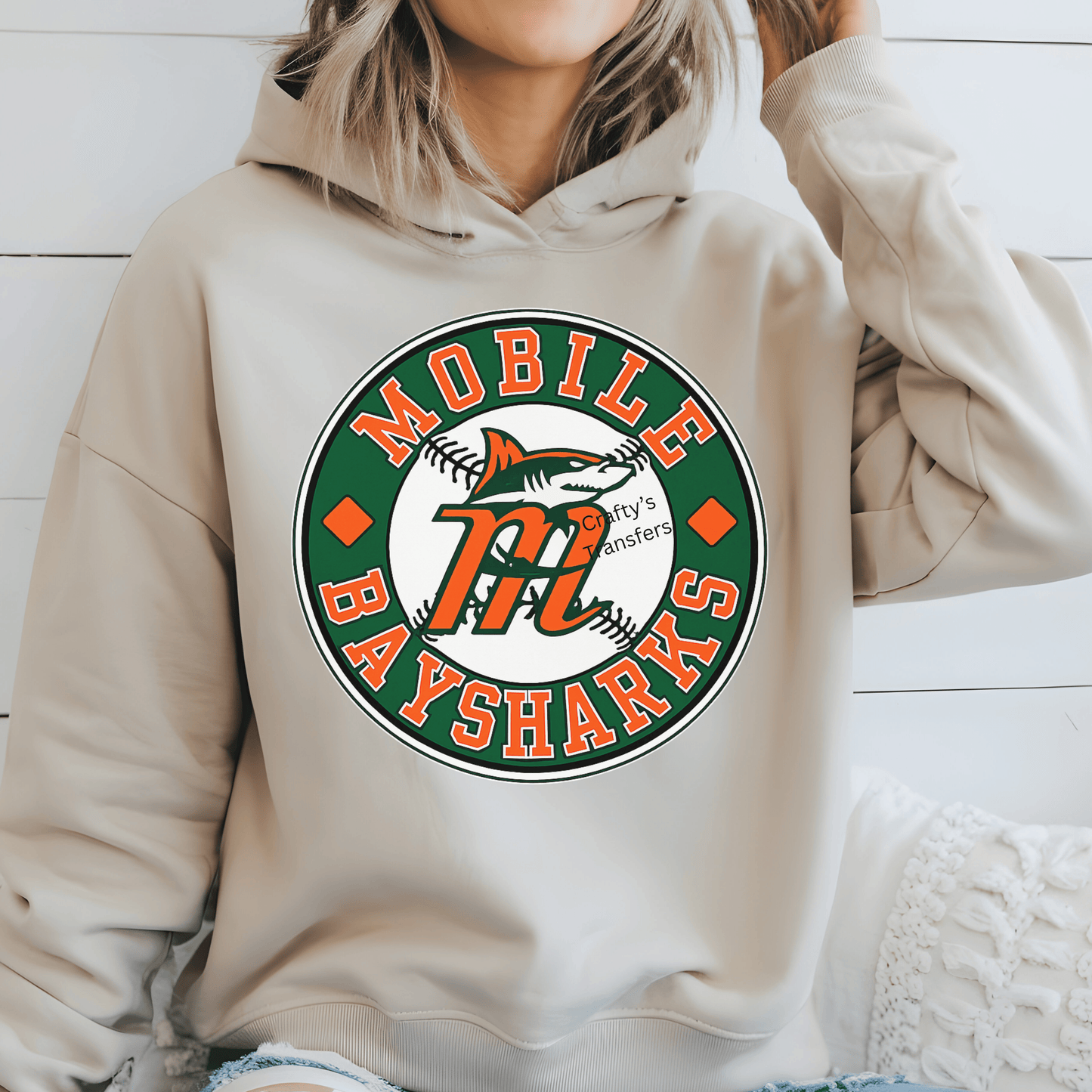 Mobile Baysharks Circular Logo DTF Transfer – Baseball Shark Sports Design – Ready to Press Heat Transfer for Shirts & Hats