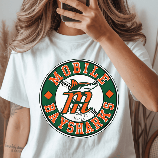 Mobile Baysharks Circular Logo DTF Transfer – Baseball Shark Sports Design – Ready to Press Heat Transfer for Shirts & Hats