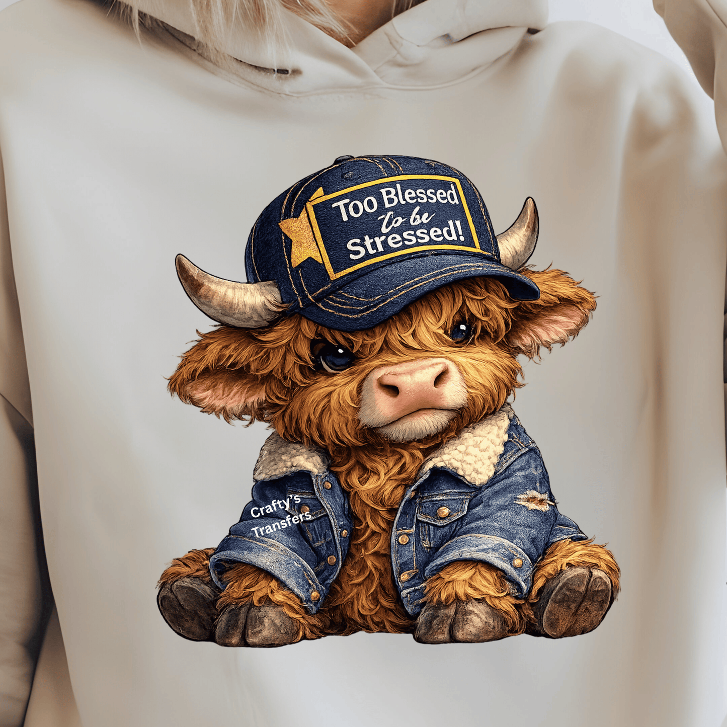 Too Blessed to Be Stressed Highland Cow DTF Transfer | Cute Cow in Denim Jacket & Hat | Faith Farm Shirt Heat Transfer