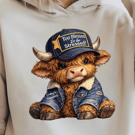 Too Blessed to Be Stressed Highland Cow DTF Transfer | Cute Cow in Denim Jacket & Hat | Faith Farm Shirt Heat Transfer