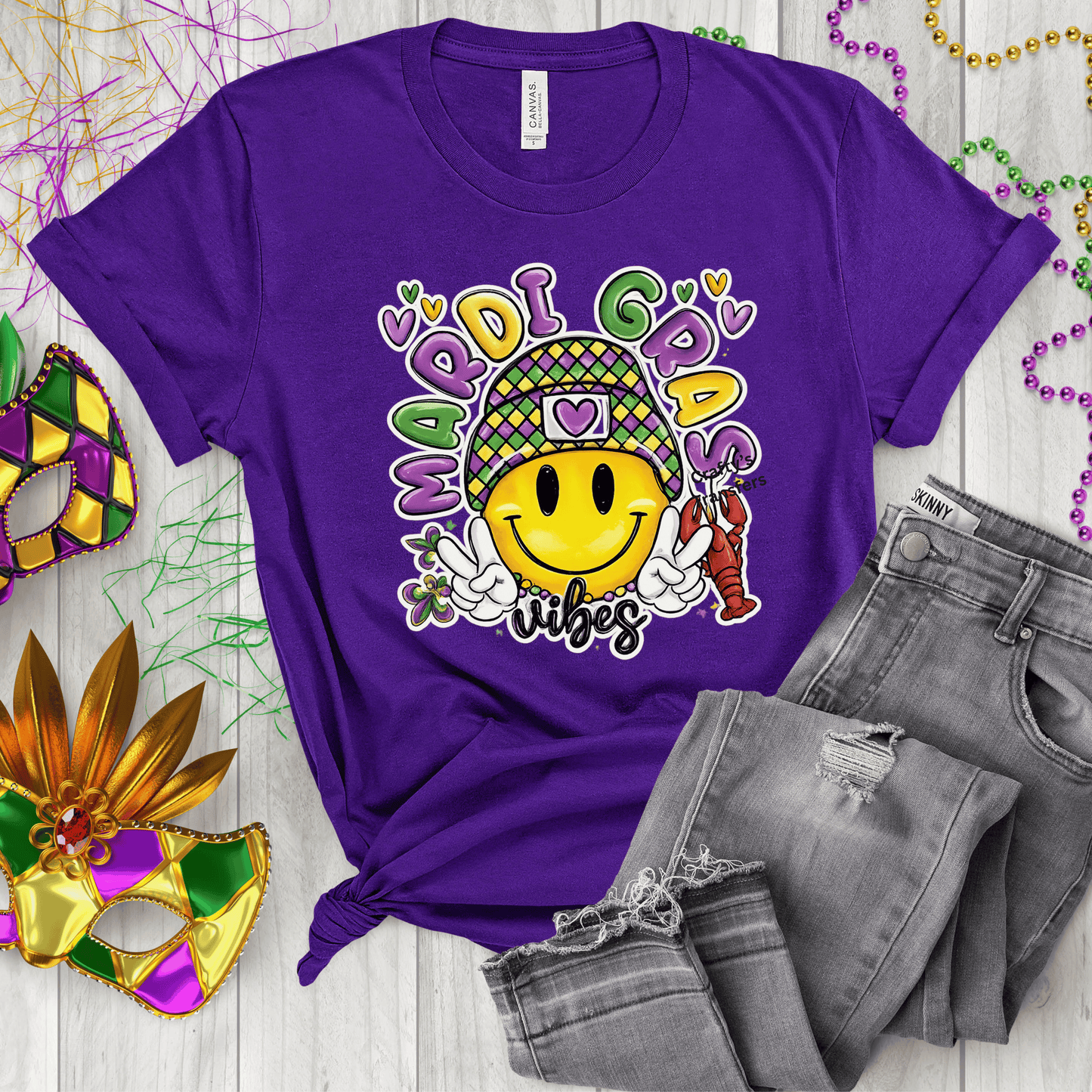 Mardi Gras Vibes DTF Transfer | Smiley Face Mardi Gras Shirt Design | Purple Green Gold Louisiana Heat Transfer