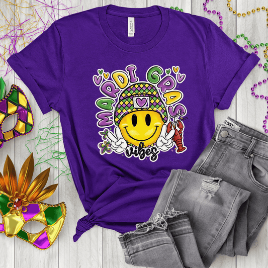 Mardi Gras Vibes DTF Transfer | Smiley Face Mardi Gras Shirt Design | Purple Green Gold Louisiana Heat Transfer