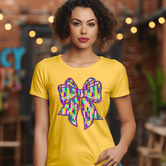 Mardi Gras Bow DTF Transfer | Purple Green Gold Glitter Bow Shirt Design | Louisiana Mardi Gras Heat Transfer