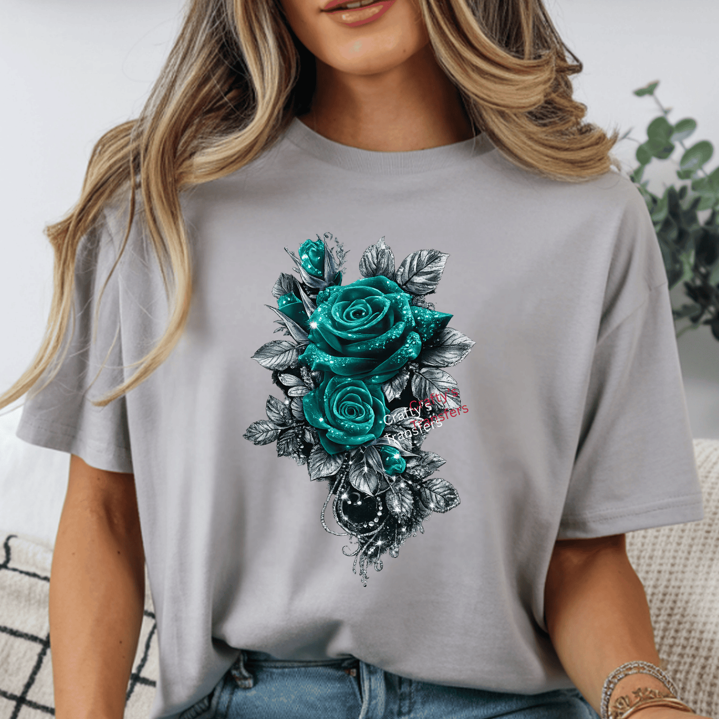 Teal Rose Floral DTF Transfer | Elegant Gothic Teal Flower Shirt Design | Luxury Dark Floral Heat Transfer