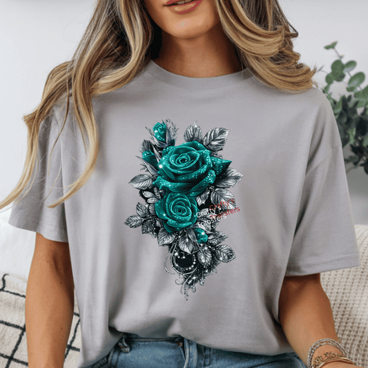 Teal Rose Floral DTF Transfer | Elegant Gothic Teal Flower Shirt Design | Luxury Dark Floral Heat Transfer