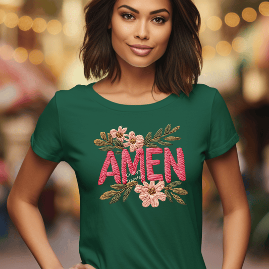 Amen Embroidered Floral DTF Transfer | Faux Embroidery Faith Shirt Design | Christian Floral Heat Transfer