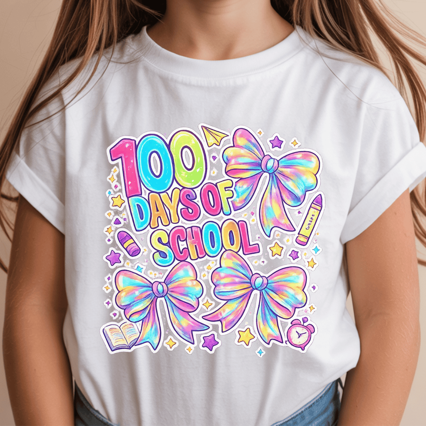 100 Days of School DTF Transfer | Rainbow Bow Teacher Shirt Design | 100th Day School Heat Transfer