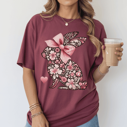 Floral Easter Bunny DTF Transfer with Pink Bow | Vintage Flower Rabbit Shirt Transfer | Spring Easter Heat Transfer