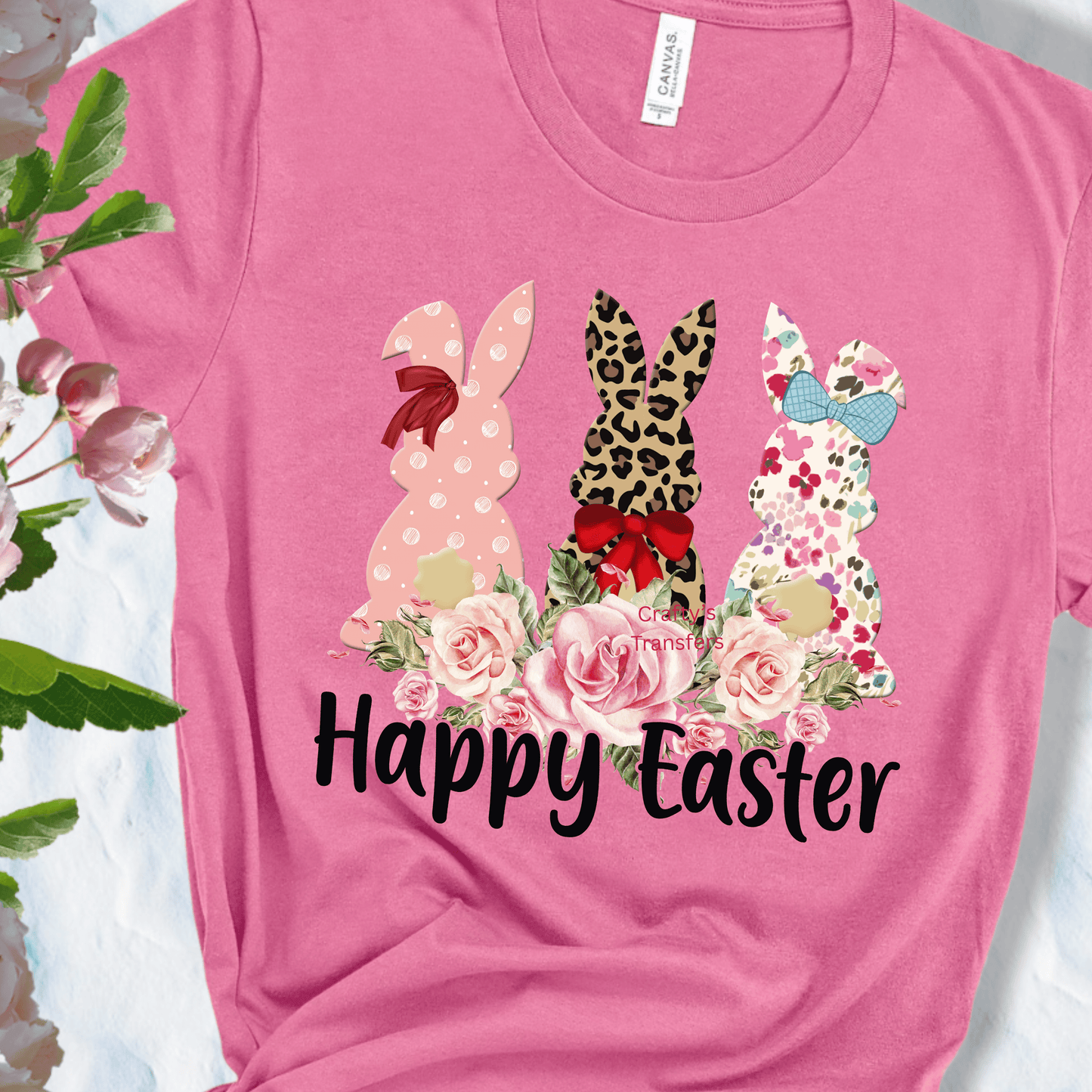 Happy Easter Bunny DTF Transfer | Floral Easter Rabbit Shirt Transfer | Pink Leopard Bunny Spring Heat Transfer