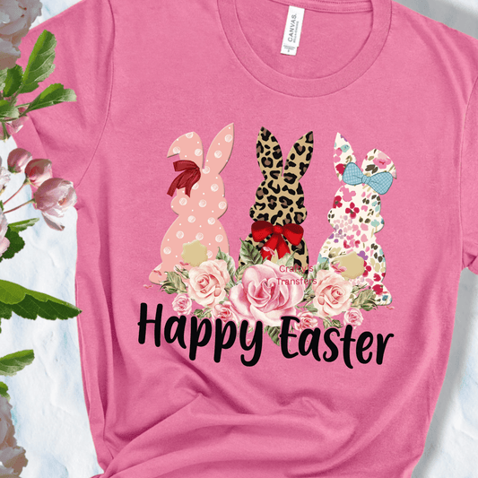 Happy Easter Bunny DTF Transfer | Floral Easter Rabbit Shirt Transfer | Pink Leopard Bunny Spring Heat Transfer