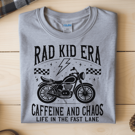 Rad Kid Era DTF Shirt Transfer – Caffeine & Chaos Motorcycle Graphic | Ready to Press Heat Transfer