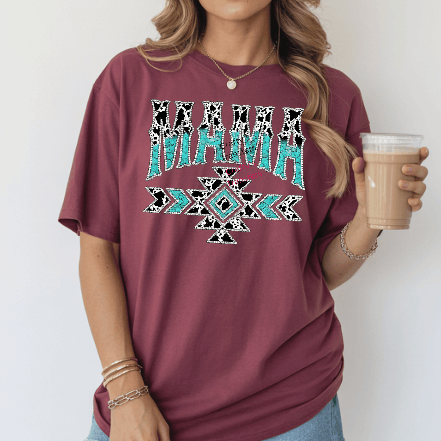 Mama Turquoise Western DTF Transfer | Cowhide Aztec Mama Shirt Heat Transfer | Ready to Press