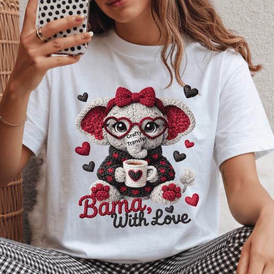 Bama With Love Elephant DTF Transfer – Crochet Valentine Elephant Shirt Transfer – Cute Bama Heat Press Design