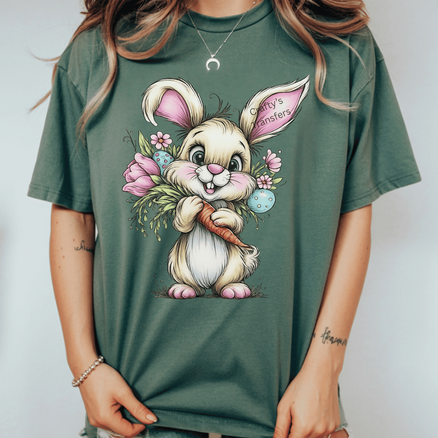 Cute Easter Bunny DTF Transfer – Floral Bunny With Carrot Shirt Transfer – Spring Heat Press Design