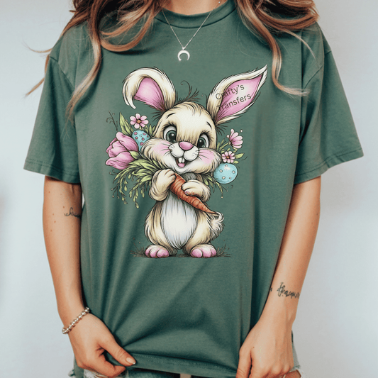 Cute Easter Bunny DTF Transfer – Floral Bunny With Carrot Shirt Transfer – Spring Heat Press Design