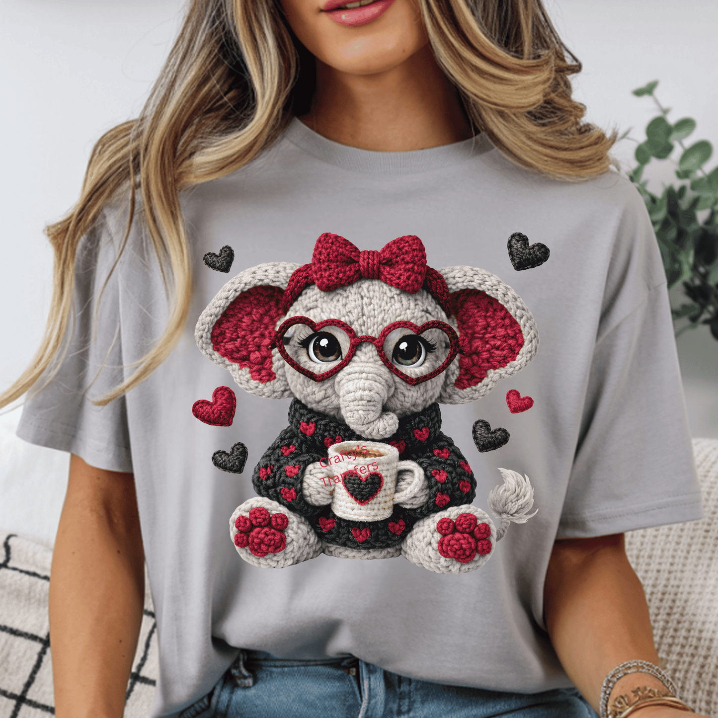 Crochet Valentine Elephant DTF Transfer – Cute Heart Elephant Shirt Transfer – Knit Style Heat Press Design