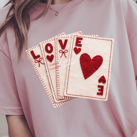 Love Playing Cards DTF Shirt Transfer – Valentine Heart Cards Sewing Style Heat Transfer | Ready to Press