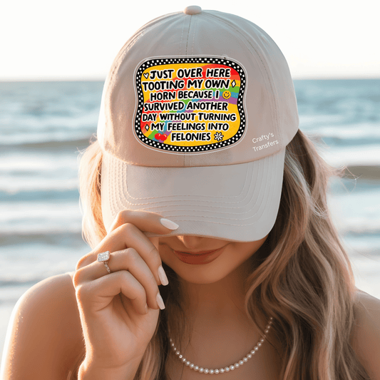 Funny Quote DTF Hat Transfer – “Tooting My Own Horn” Sarcastic Patch Style Heat Press Transfer