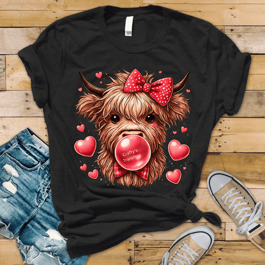 Valentine Bubble Gum Highland Cow DTF Transfer – Cute Cow Shirt Design with Bow, Ready to Press Heat Transfer