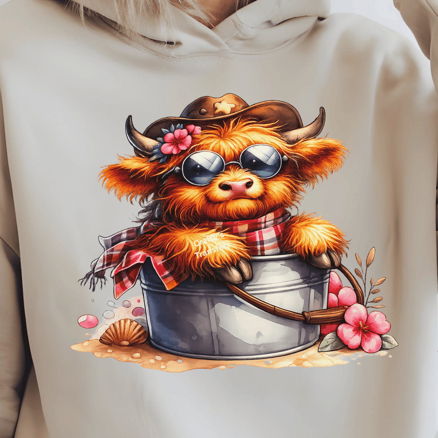 Western Highland Cow DTF Transfer with Pink Flower – Boho Cow Shirt Design, Sunglasses Cow Heat Press Transfer