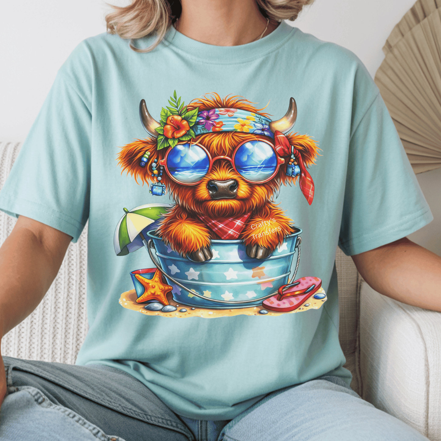 Hippie Highland Cow DTF Transfer – Summer Cow Shirt Design, Boho Western Heat Press Transfer, Ready to Press