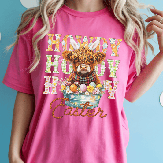 Howdy Easter Cow DTF Transfer – Highland Cow Easter Shirt Design, Western Spring Sublimation Look, Ready to Press Heat Transfer