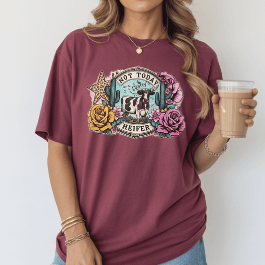 Not Today Heifer DTF Transfer | Western Cow Floral Sublimation-Style Heat Transfer