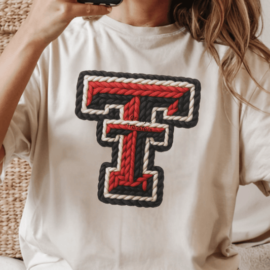 Texas Tech Faux Yarn Letter T DTF Transfer | Red Raiders Game Day Heat Press Design