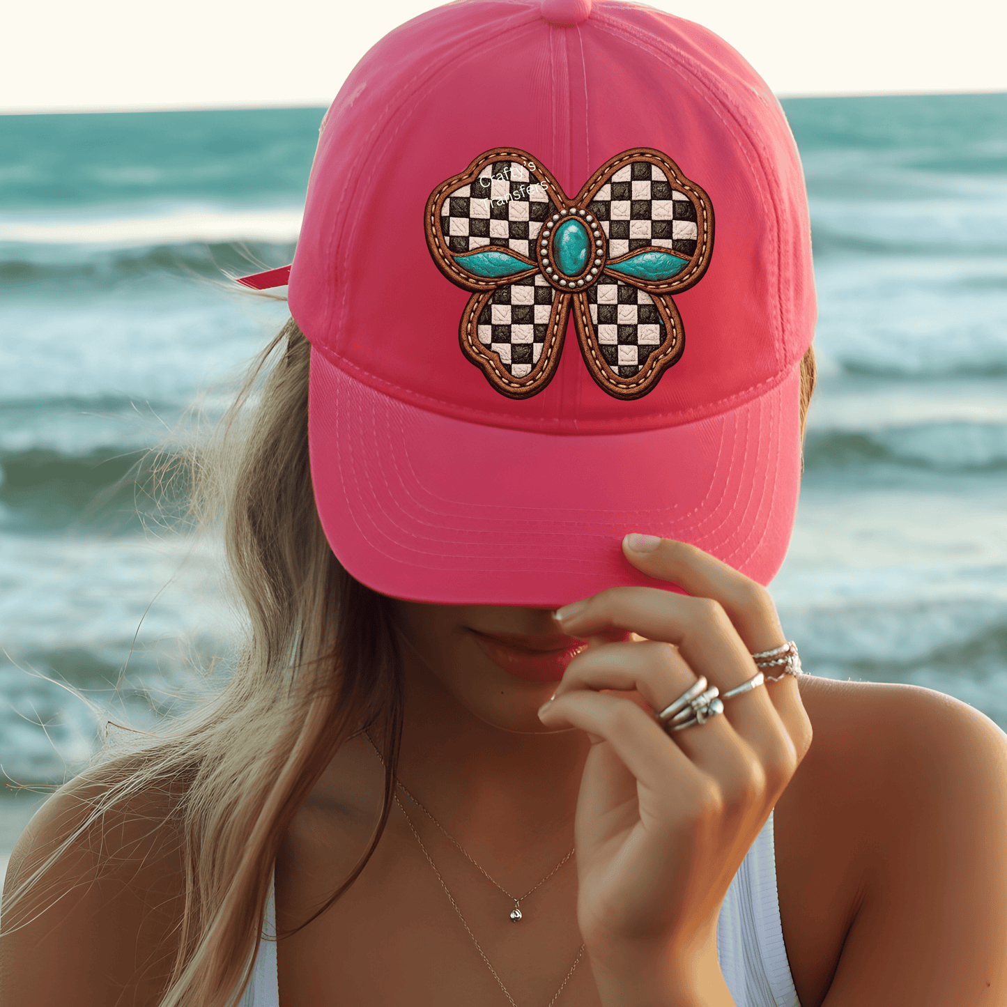 Western Bow DTF Transfer (B) | Black & White Checkered Faux Leather Bow with Turquoise | Boutique Heat Transfer