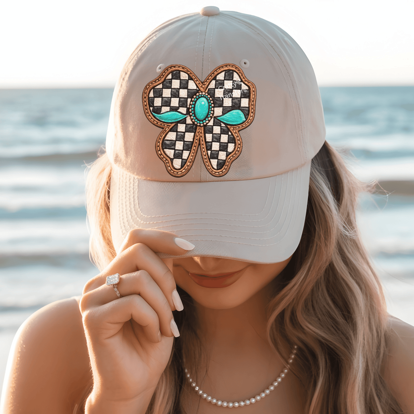 Western Bow DTF Transfer (B) | Black & White Checkered Faux Leather Bow with Turquoise | Boutique Heat Transfer