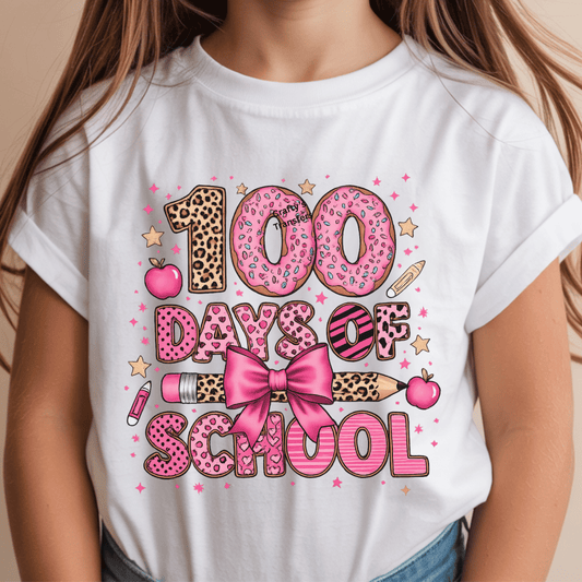100 Days of School DTF Transfer | Pink Leopard Bow Pencil Teacher Graphic | 100th Day Shirt Heat Transfer