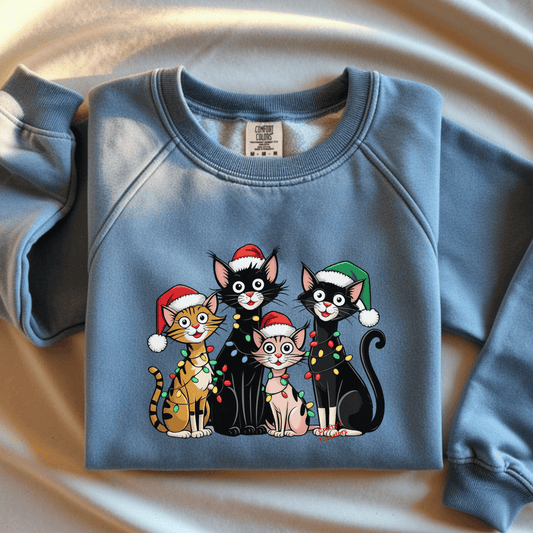 Christmas Cats DTF Transfer | Cute Holiday Cats with Santa Hats & Lights | Christmas Shirt Heat Transfer