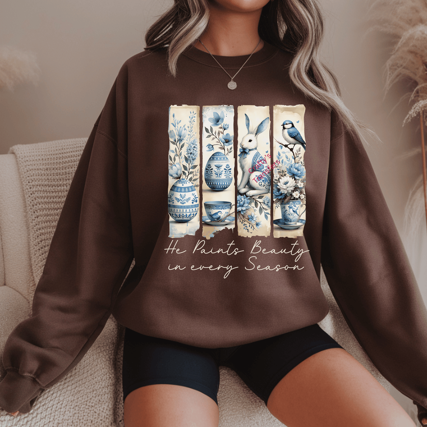 Blue Chinoiserie Easter DTF Transfer | He Paints Beauty in Every Season | Elegant Spring Bunny Heat Transfer