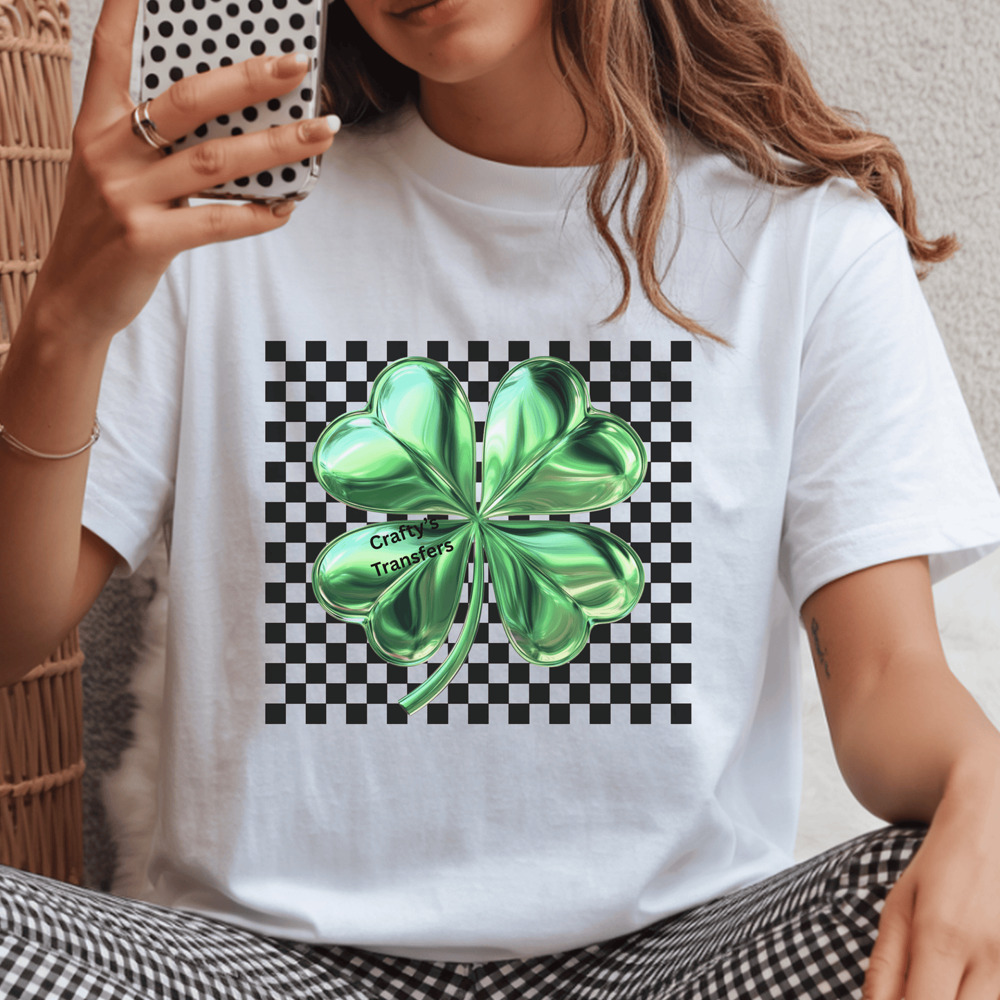 St. Patrick’s Day Shamrock DTF Transfer | Green Clover Checkerboard Design | St Paddy’s Heat Transfer