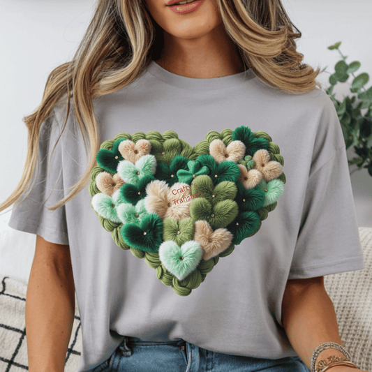 St. Patrick’s Day Faux Yarn Heart DTF Transfer | Green Clover Pom Texture | St Paddy’s Heat Transfer