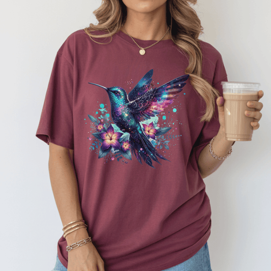 Galaxy Hummingbird Floral DTF Transfer | Colorful Cosmic Bird Heat Transfer | Artistic Nature Shirt Design