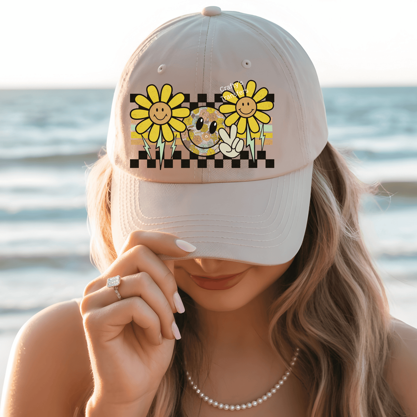 Retro Smiley Flower DTF Transfer | Peace Sign Daisy Smiley | Groovy Vintage Heat Transfer Design