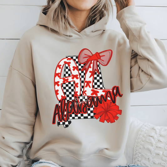 Alabama Bow DTF Transfer | ALA Alabama Checkered Bow Design | Red & Black Boutique Heat Transfer