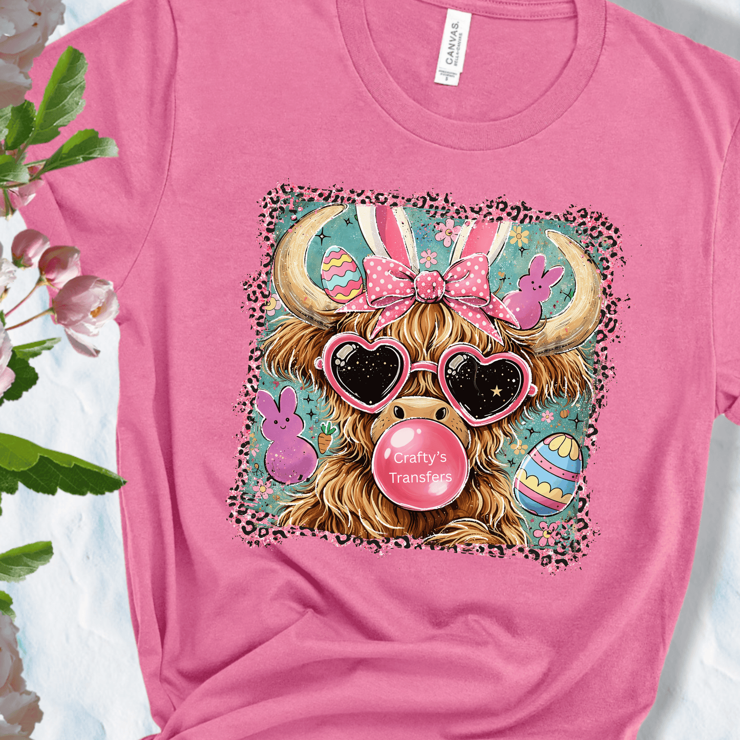 Easter Highland Cow DTF Transfer | Bubblegum Cow with Bow & Sunglasses | Cute Spring Boutique Heat Transfer